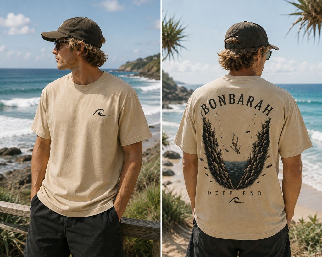 Deep End Shirt in Sand colourway - front and back
