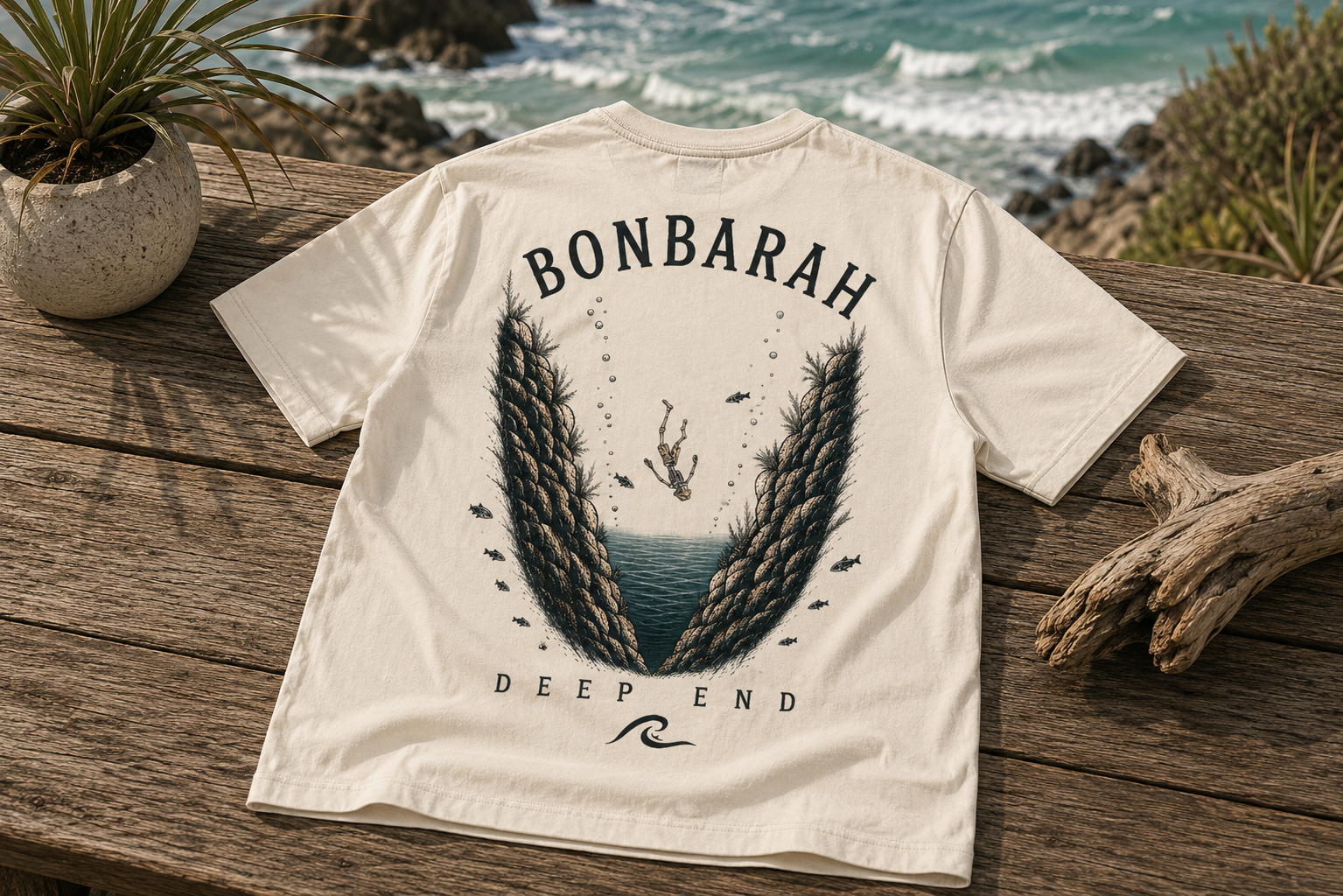 Deep End Shirt in Off White - back graphic on timber surface