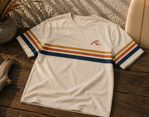 Coast Stripe Tee flat lay showing retro tri-colour stripes and Bonbarah wave logo