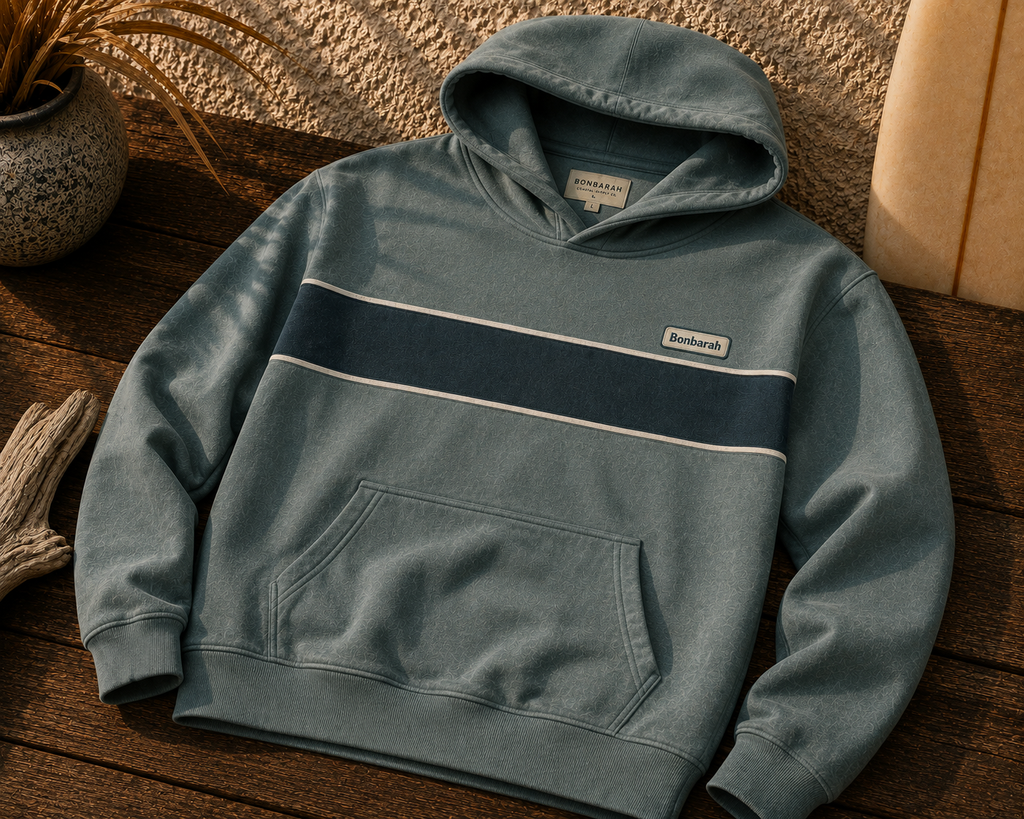 Ocean Panel Hoodie flat lay in coastal sage with navy panel stripe and Bonbarah label