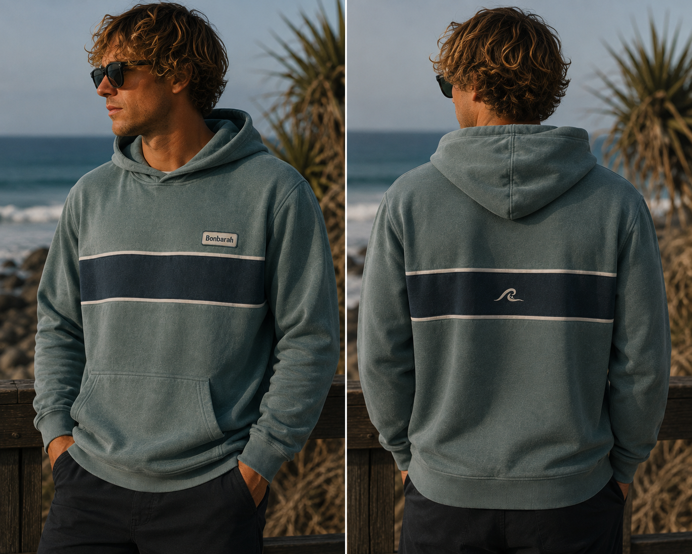 Ocean Panel Hoodie worn at the beach showing front Bonbarah label and back wave logo