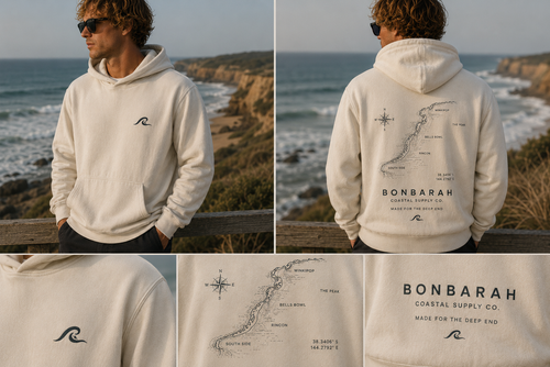 Bells Beach Hoodie worn at the coast showing front wave logo and back surf map graphic