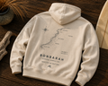 Bells Beach Hoodie flat lay showing hand-drawn Bells Beach surf map and Bonbarah branding on back