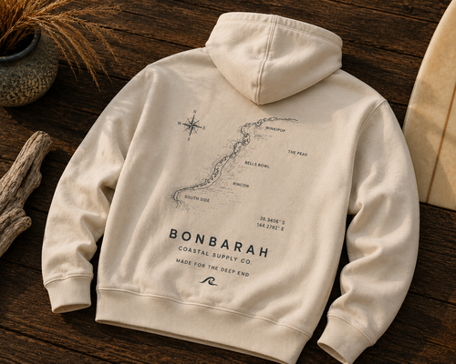 Bells Beach Hoodie flat lay showing hand-drawn Bells Beach surf map and Bonbarah branding on back