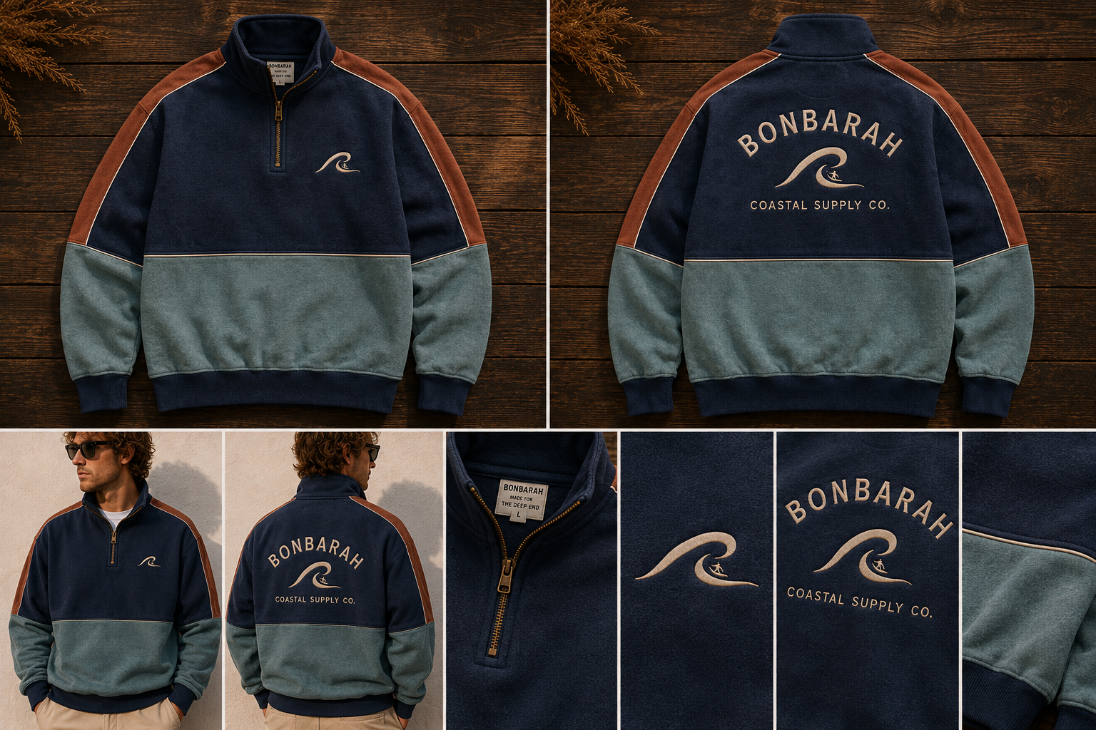 Retro Surf Quarter Zip flat lay and worn shots showing navy colourblock, terracotta panels and Bonbarah branding