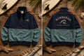 Retro Surf Quarter Zip flat lay front and back showing embroidered wave logo and Bonbarah Coastal Supply Co. arch print