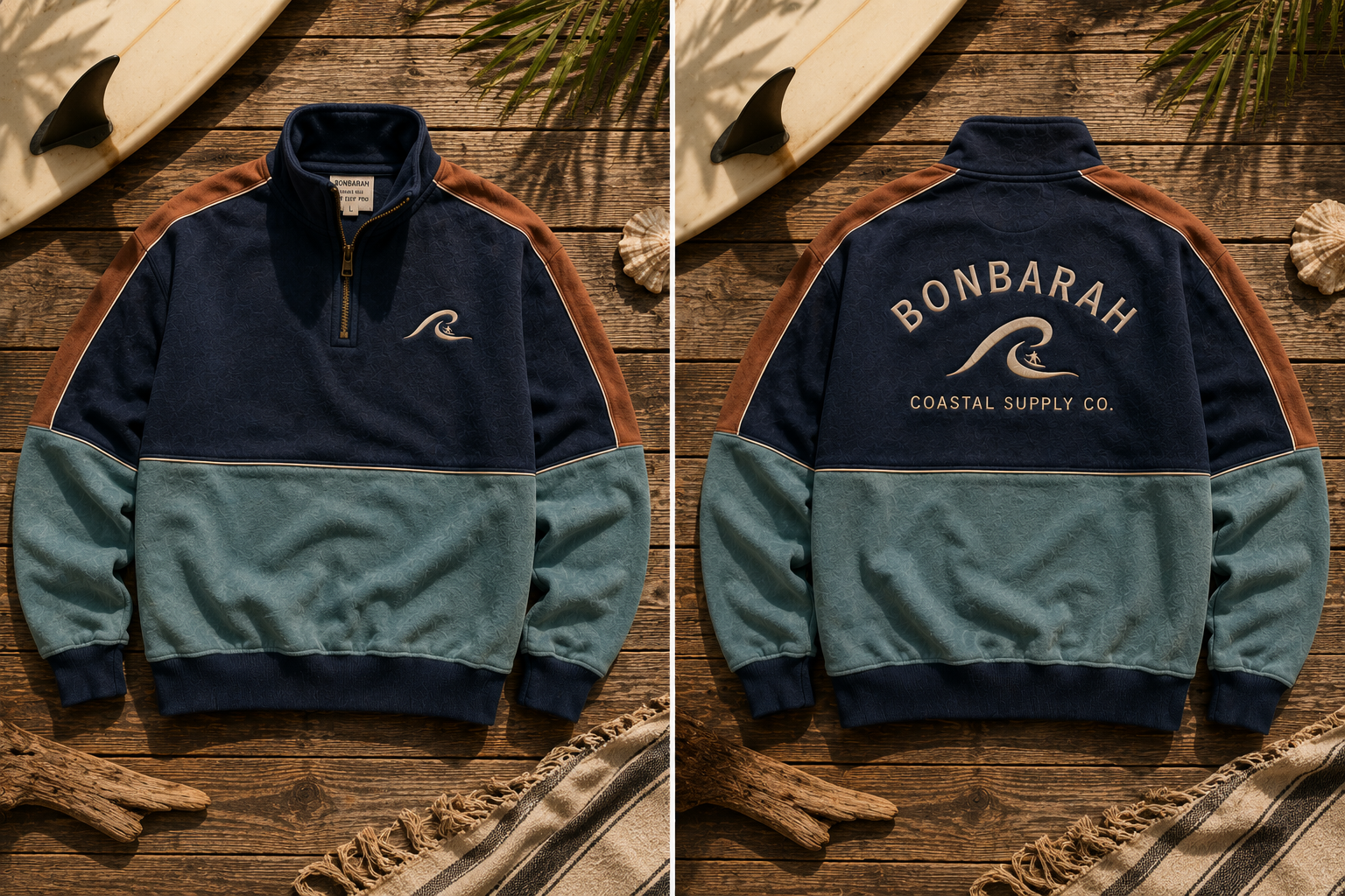 Retro Surf Quarter Zip flat lay front and back showing embroidered wave logo and Bonbarah Coastal Supply Co. arch print