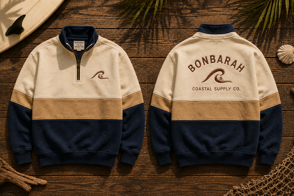 Sandbar Quarter Zip flat lay front and back showing cream navy colourblock and Bonbarah Coastal Supply Co. embroidery