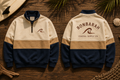 Sandbar Quarter Zip flat lay front and back showing cream navy colourblock and Bonbarah Coastal Supply Co. embroidery