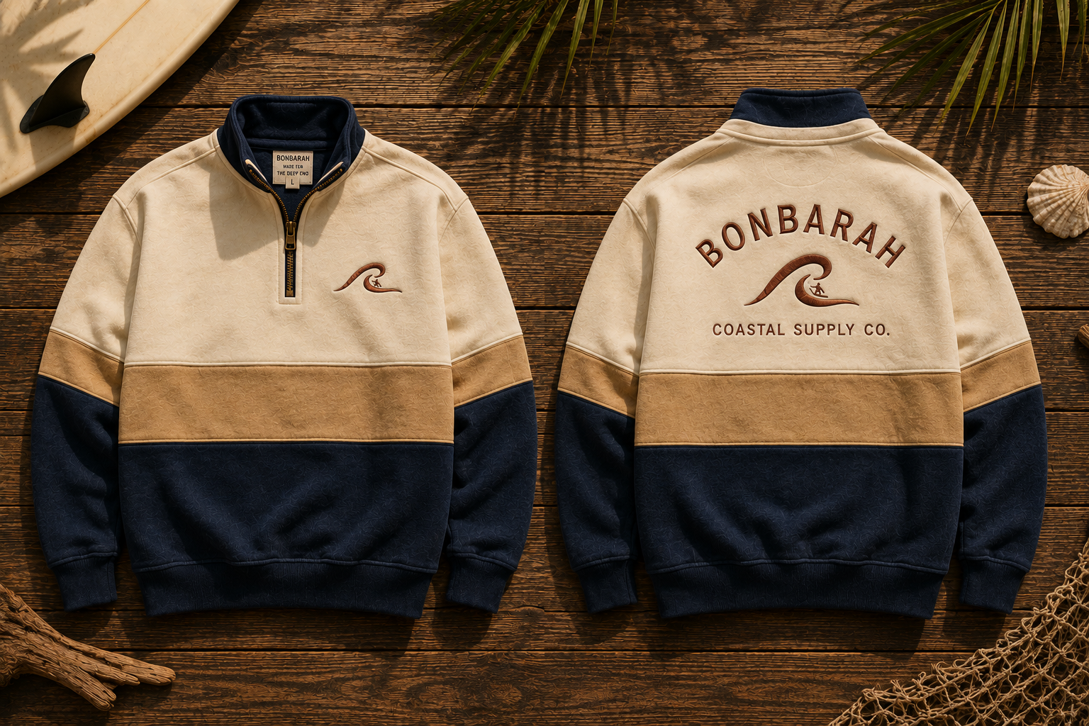Sandbar Quarter Zip flat lay front and back showing cream navy colourblock and Bonbarah Coastal Supply Co. embroidery