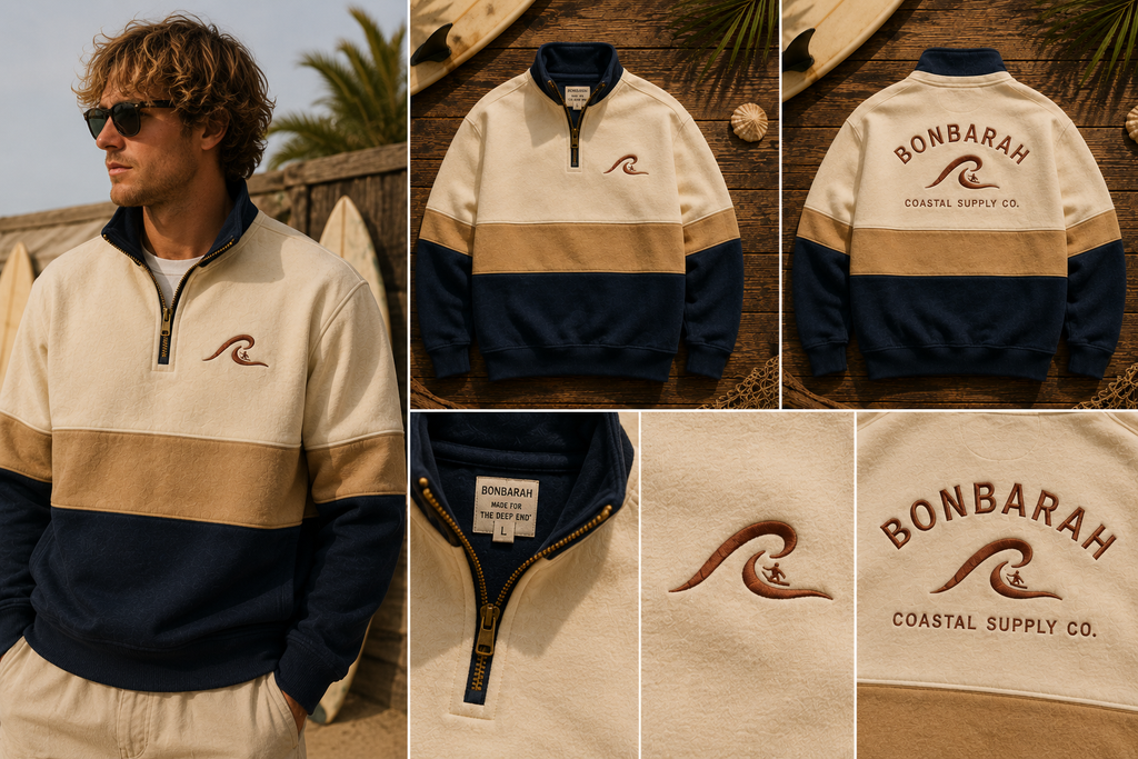 Sandbar Quarter Zip worn and flat lay detail shots showing embroidered wave logo and brass zip hardware
