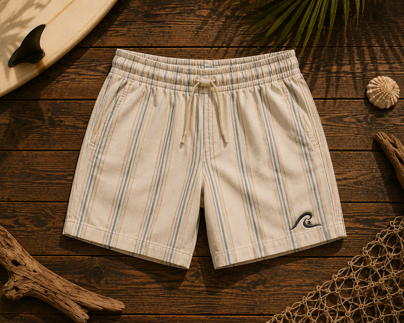 Coastal Stripe Shorts flat lay on timber showing cream linen pinstripe and embroidered wave logo