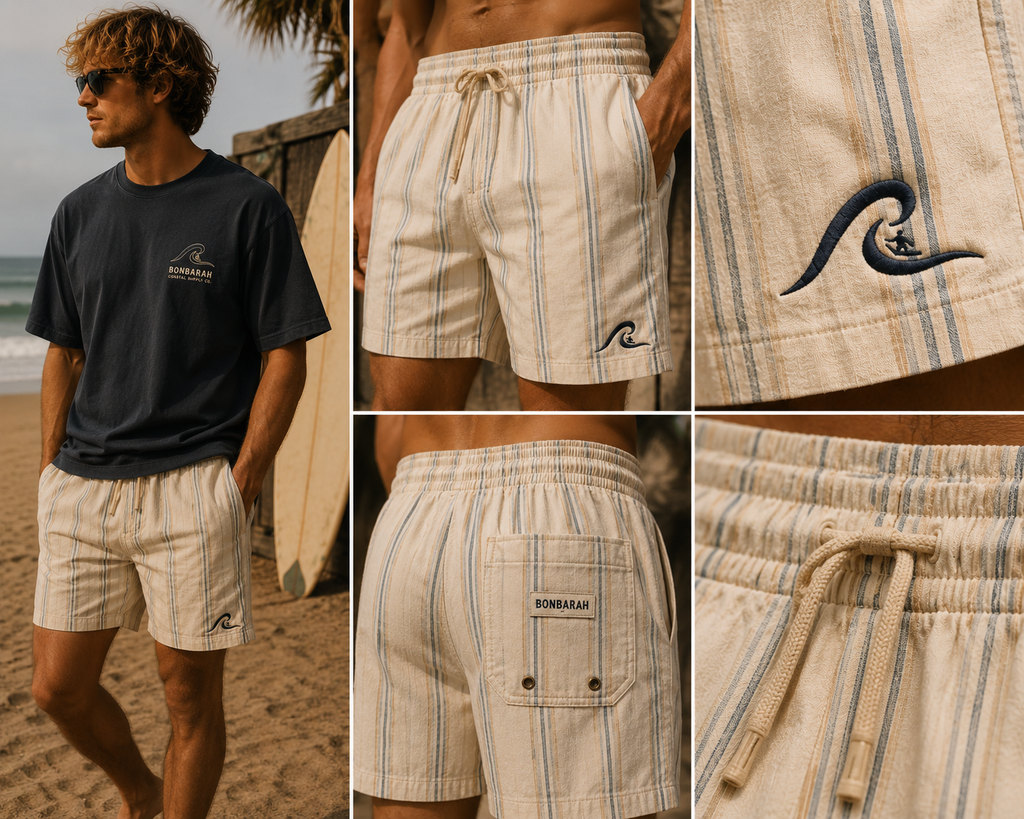 Coastal Stripe Shorts worn at the beach with detail shots of wave logo, Bonbarah patch pocket and drawstring waistband