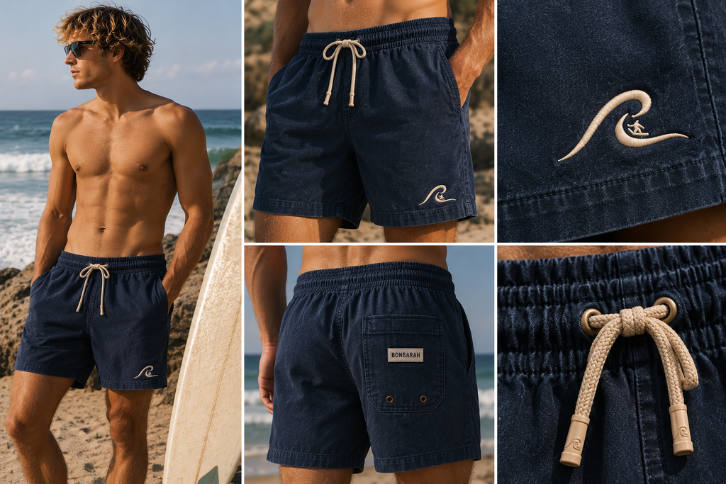 Ocean Fade Shorts worn at the beach with detail shots of wave logo embroidery, Bonbarah patch pocket and rope drawstring