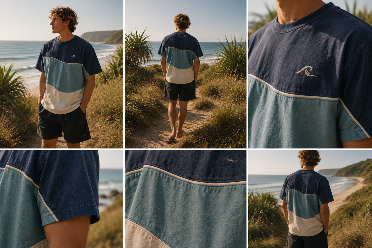 Tide Panel Tee lifestyle shots showing front, back and detail views worn on coastal dunes at golden hour