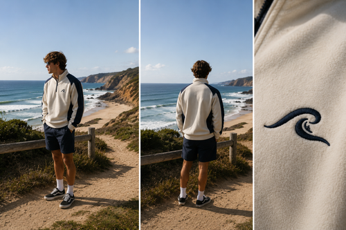 Coastal Cream Quarter Zip lifestyle shots showing front, back and wave logo detail worn on coastal clifftop