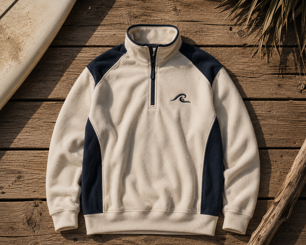 Coastal Cream Quarter Zip flat lay showing cream fleece with navy contrast panels and embroidered Bonbarah wave logo