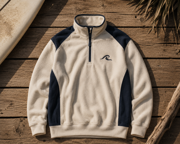 Coastal Cream Quarter Zip flat lay showing cream fleece with navy contrast panels and embroidered Bonbarah wave logo