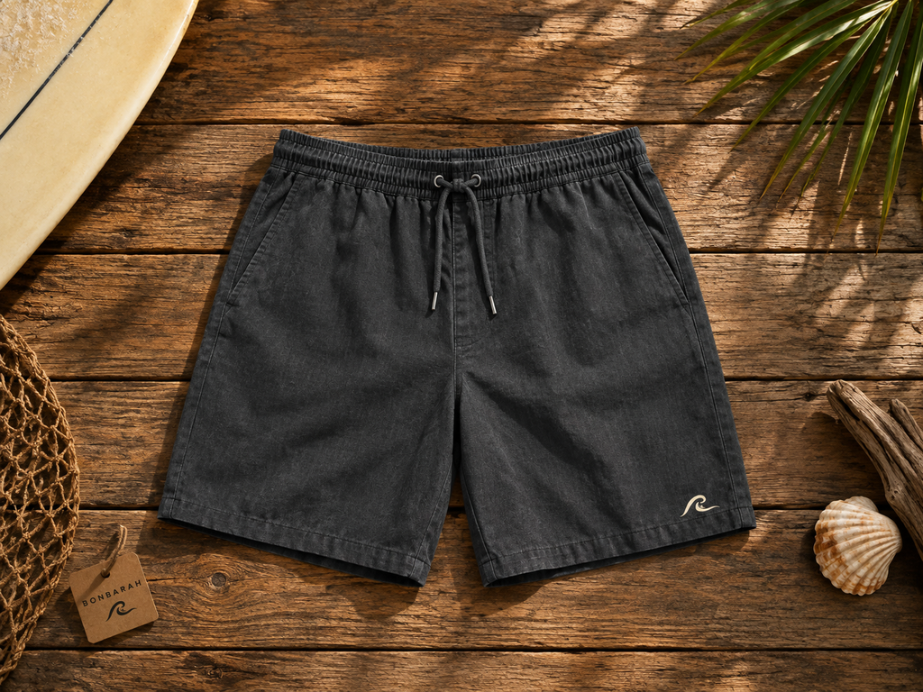 Washed Linen Shorts flat lay on wooden surface with Bonbarah tag