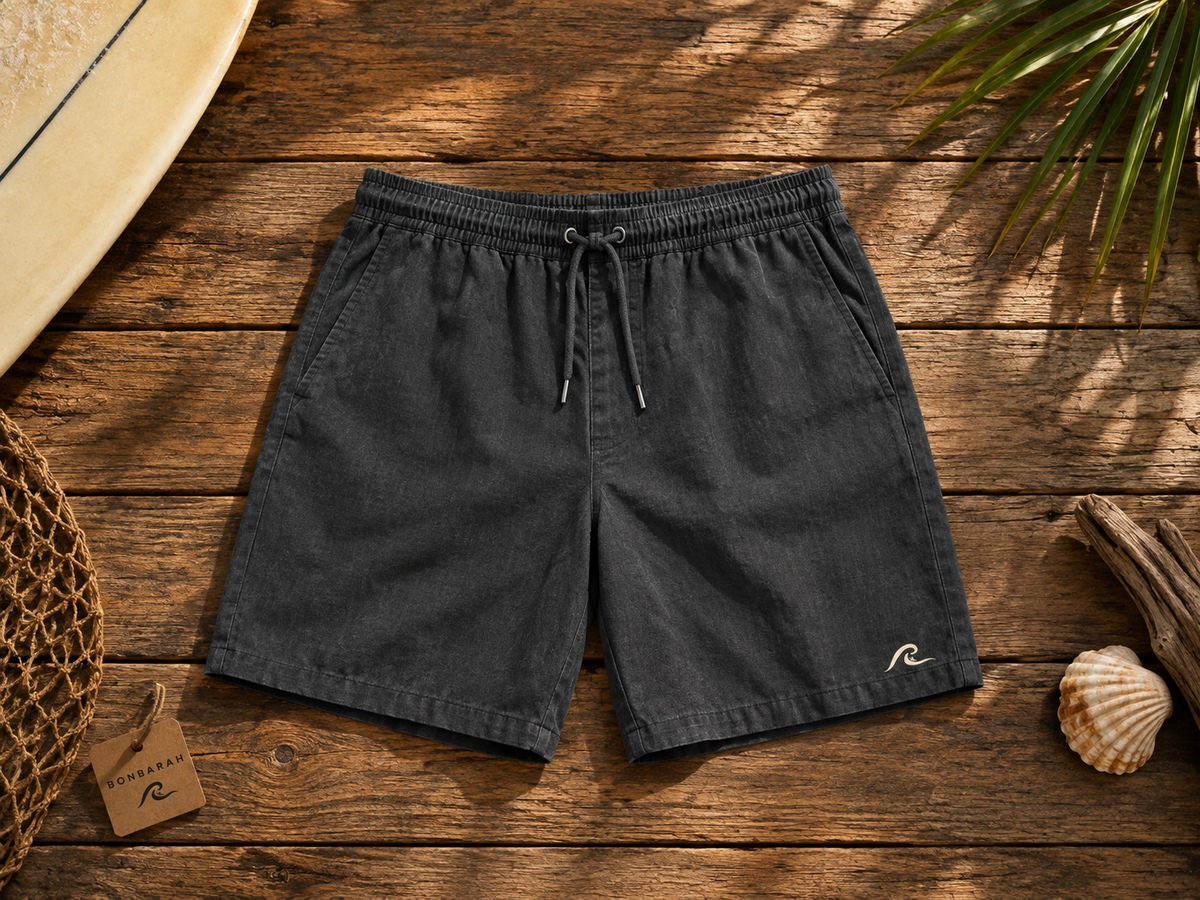Washed Linen Shorts flat lay on wooden surface with Bonbarah tag