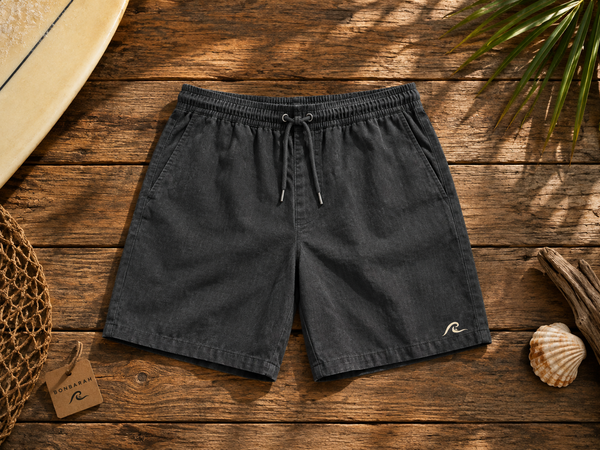 Washed Linen Shorts flat lay on wooden surface with Bonbarah tag