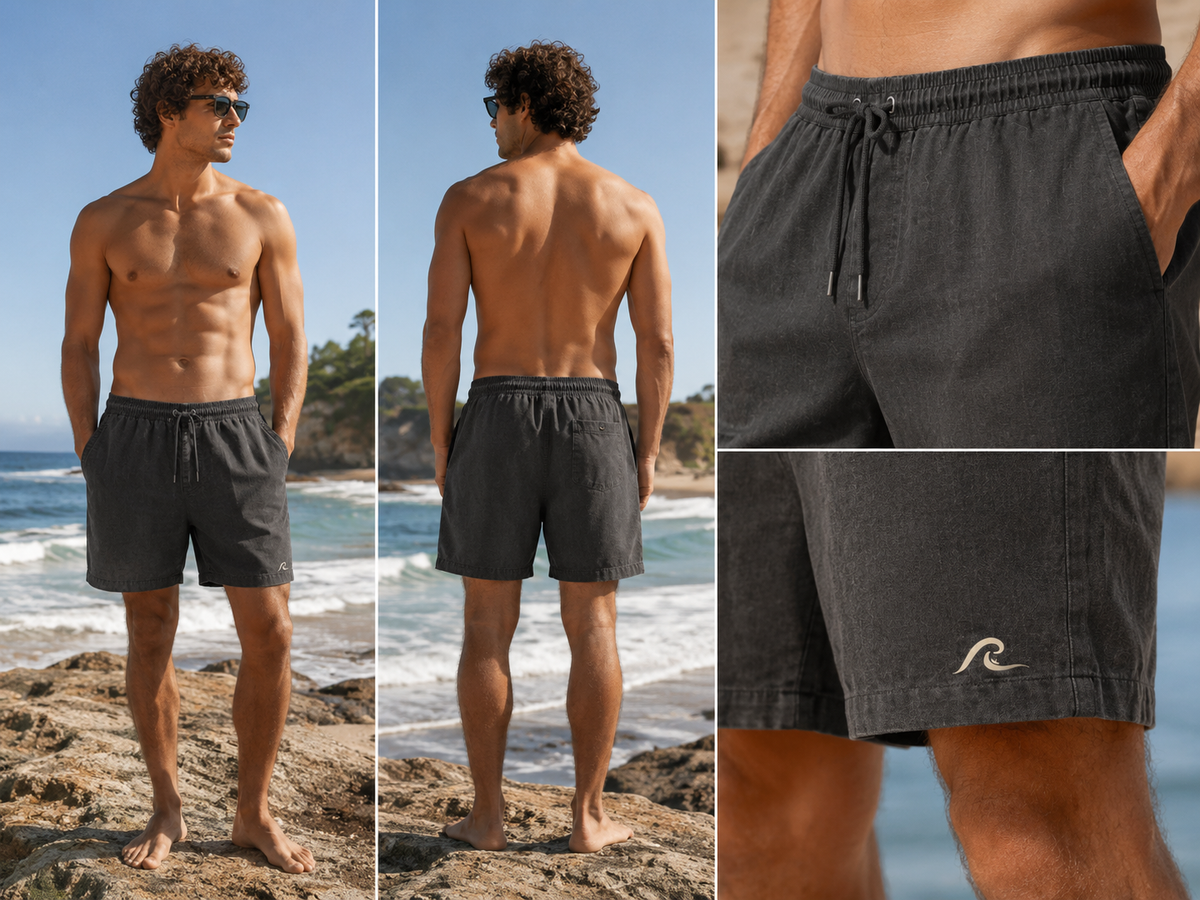 Washed Linen Shorts worn on coastal rocks, front and back views with detail shots