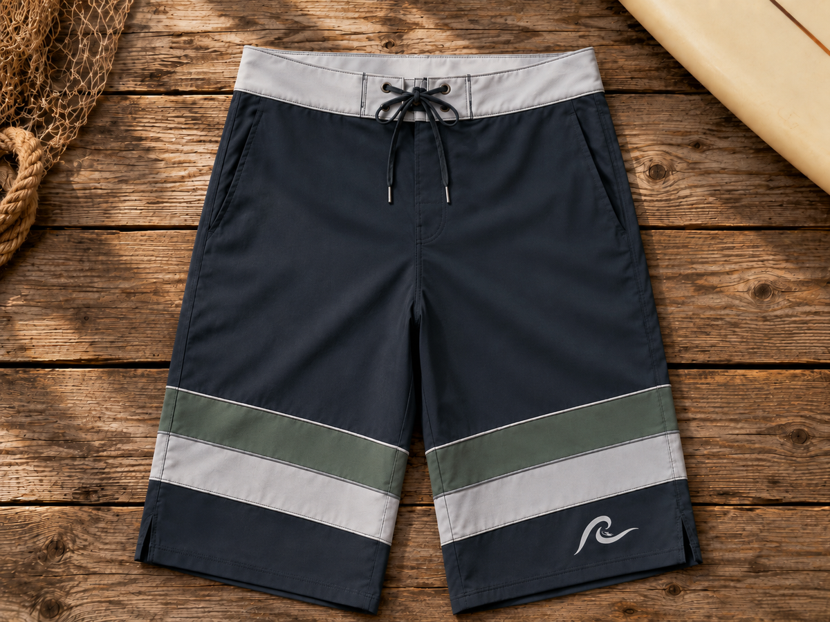 Reef Break Board Shorts flat lay on timber deck