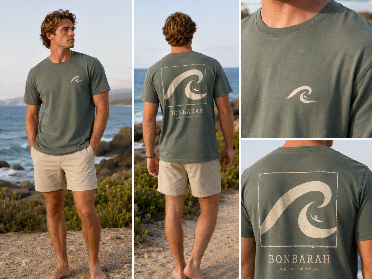 Dune Wash Tee worn on coastal headland, front and back views